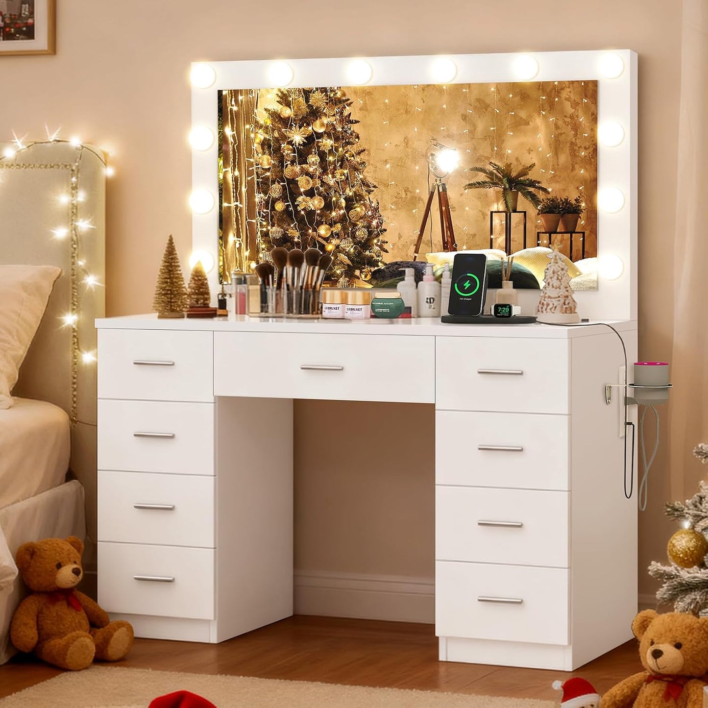 46" Vanity Desk with Glass Top & Lights Mirror, 3 Adjustable Lighting Color, Makeup Vanity with 9 Drawers and 12 LED Lights, Dressing Table for Bedroom, Vanity for Girls, White