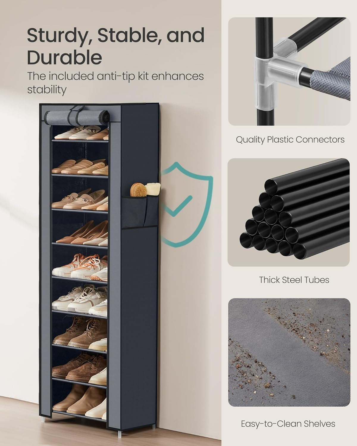 10-Tier Shoe Rack, Shoe Storage Cabinet with Dustproof Cover, Free-Standing Storage Organizer for Closet, Entryway, Hold 20 Pairs of Shoes, for Sneakers, High Heels, Gray URXJ034GN02