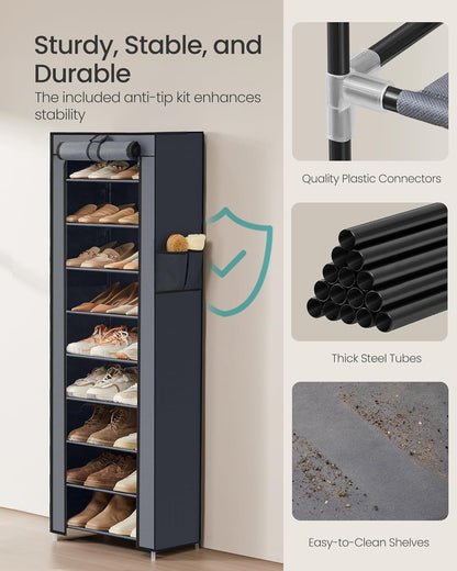 10-Tier Shoe Rack, Shoe Storage Cabinet with Dustproof Cover, Free-Standing Storage Organizer for Closet, Entryway, Hold 20 Pairs of Shoes, for Sneakers, High Heels, Gray URXJ034GN02
