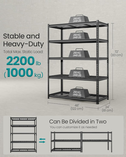 5-Tier Storage Shelves, Heavy-Duty Garage Shelving, Adjustable Shelving Unit, Steel Shelf, Boltless Assembly, for Garage, 2,200 Lb Load, 24 X 144 X 72 Inches, Ink Black UGLR454B03