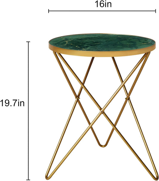 Modern round Side Table, End Table with Marble Effect Top and Gold Metal Frame, Small Side Table for Living Room, Bedroom, Sofa and Couch, Gold Legs, Green Marble Top