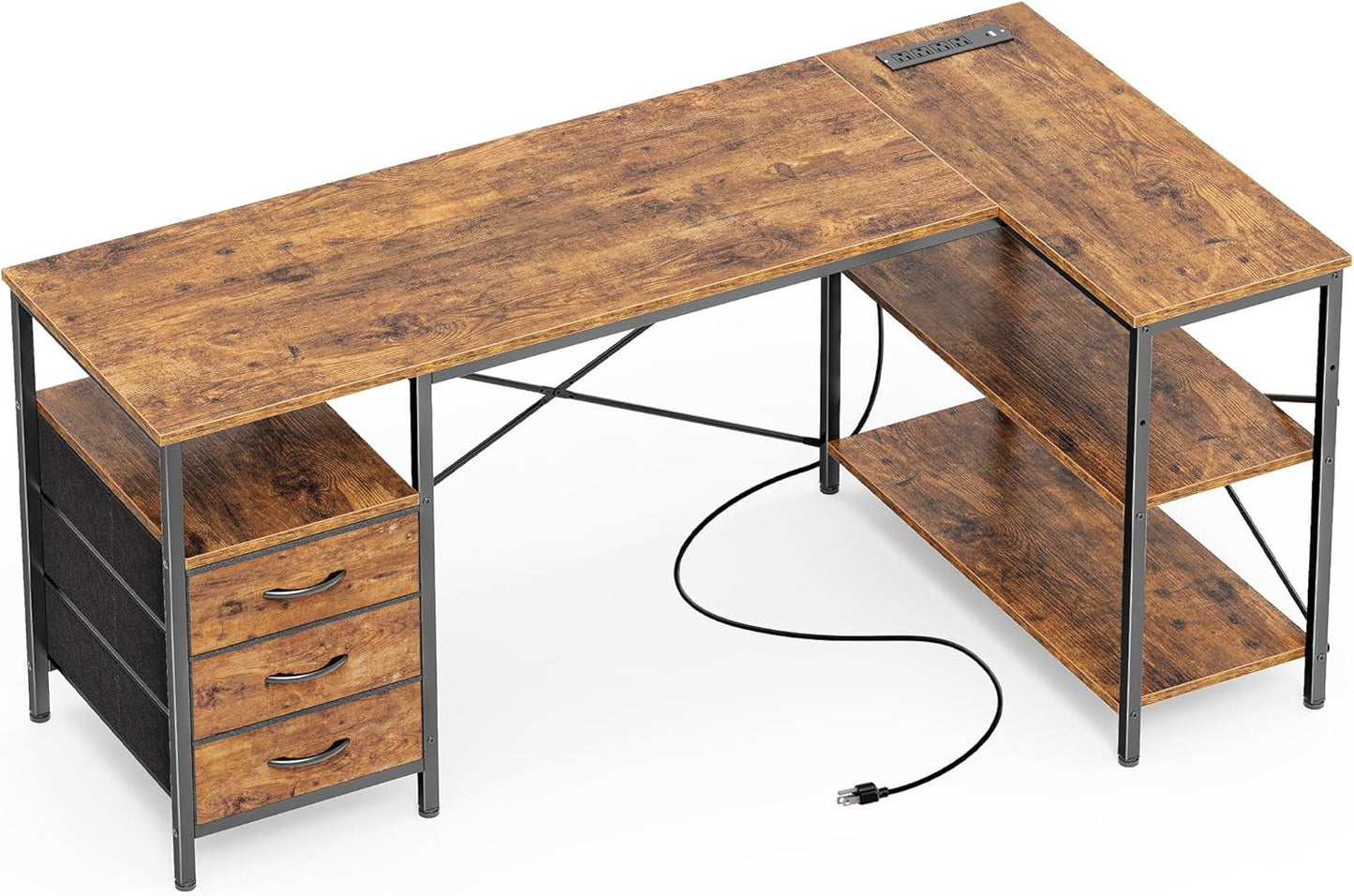 L Shaped Office Desk with Power Outlets, 55 Inch Computer Desk with 3 Drawers, Shelves, Reverisble for Gaming Corner Work Home Office Study, Rustic Brown