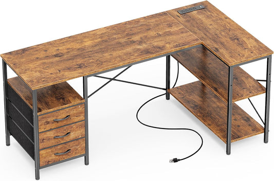 L Shaped Office Desk with Power Outlets, 55 Inch Computer Desk with 3 Drawers, Shelves, Reverisble for Gaming Corner Work Home Office Study, Rustic Brown