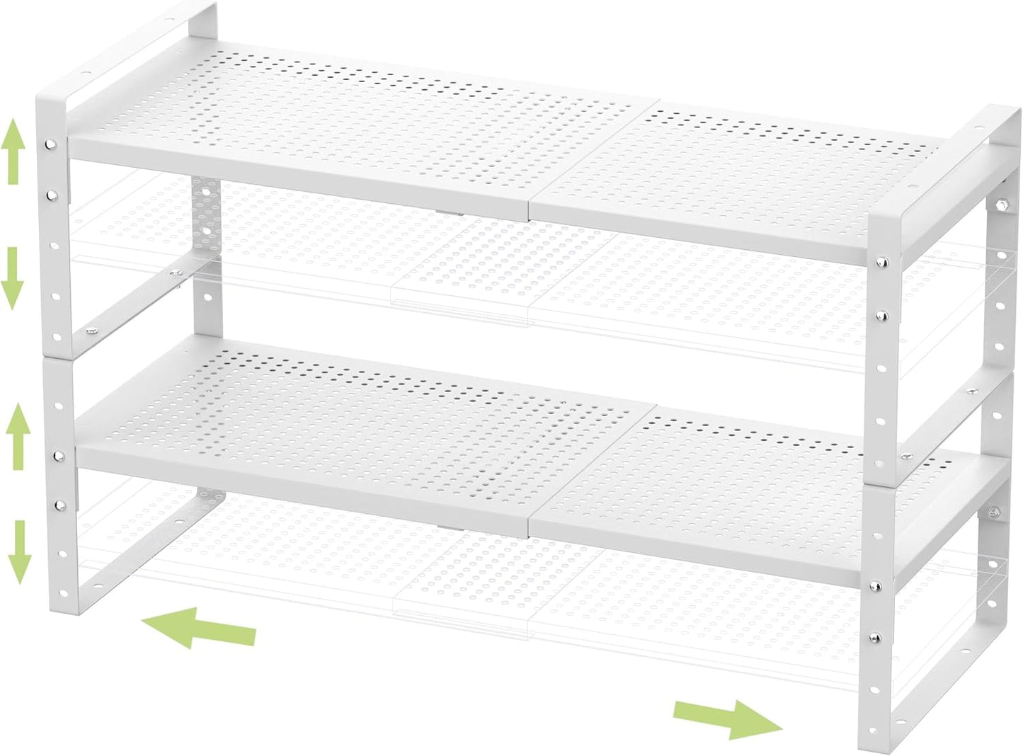 Expandable Stackable Aadjustable Shoe Rack Pantry Shelf for Kitchen Cabinets Counter Shelves Countertop Cupboard Storage Solution,Sturdy Heavy-Duty Metal Construction(2Packs/White/Large)