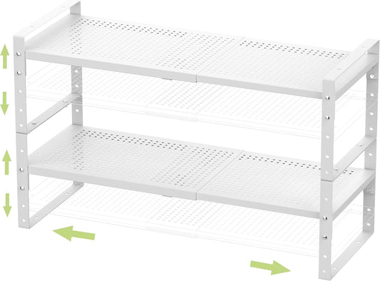 Expandable Stackable Aadjustable Shoe Rack Pantry Shelf for Kitchen Cabinets Counter Shelves Countertop Cupboard Storage Solution,Sturdy Heavy-Duty Metal Construction(2Packs/White/Medium)