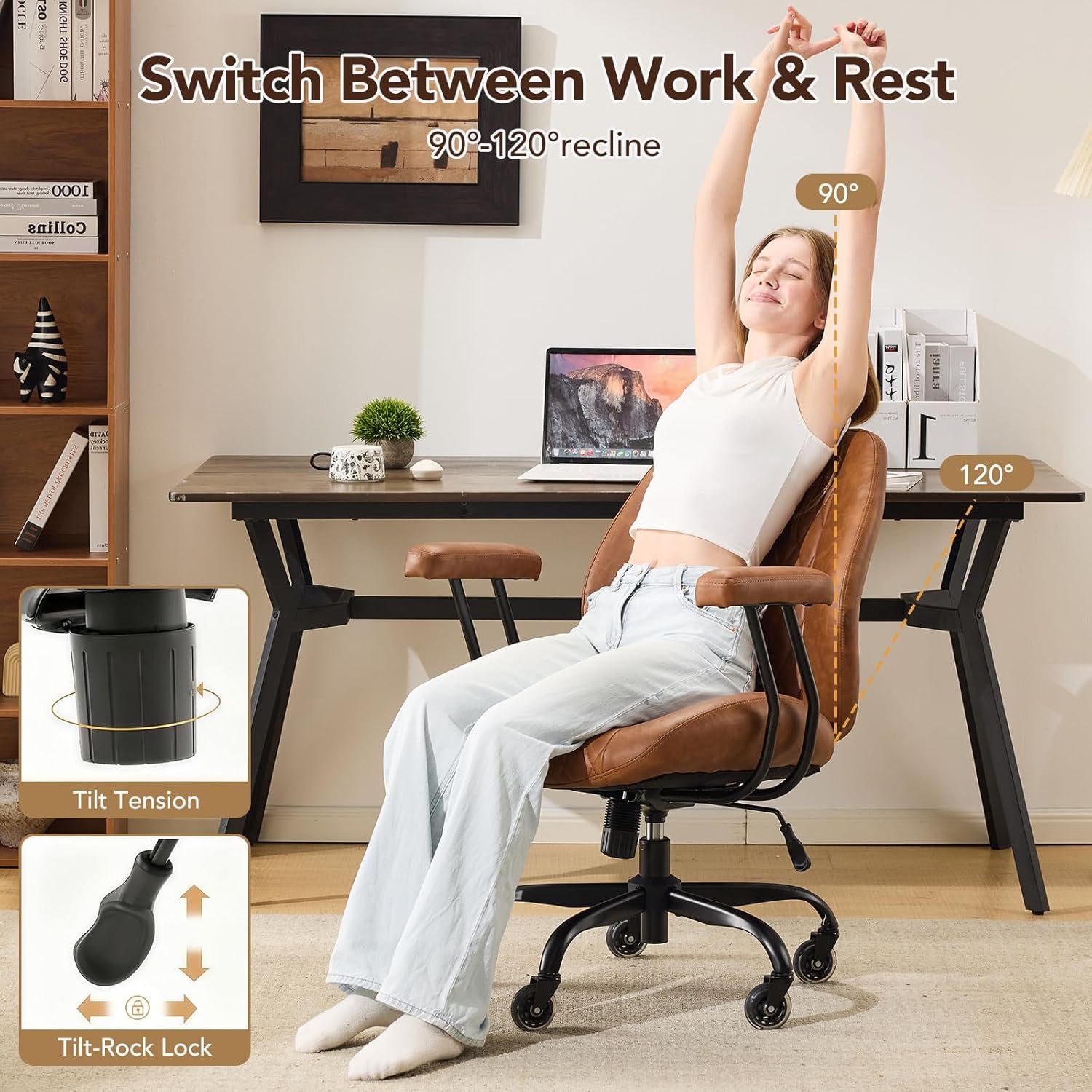 Home Office Desk Chair Office Rubber Casters Ergonomic Computer Chair with Lumbar Support Adjustable Height Rolling Swivel Executive Task Armrests Chair， Brown Leather
