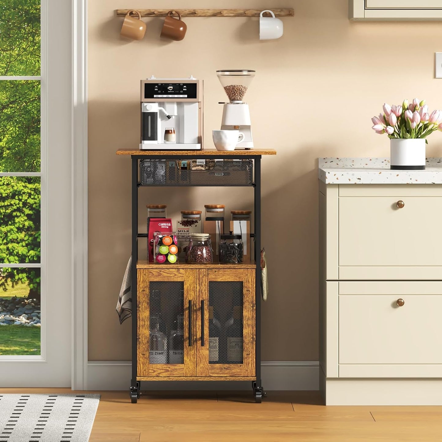 3 Tier Rolling Coffee Cart with 2-Door & Pull-Out Wire Basket Drawer, Movable Coffee Bar Cabinet on Lockable Casters, 32.7" H Microwave Cart with Storage for Home, Kitchen, Dining Room (Rustic Brown)
