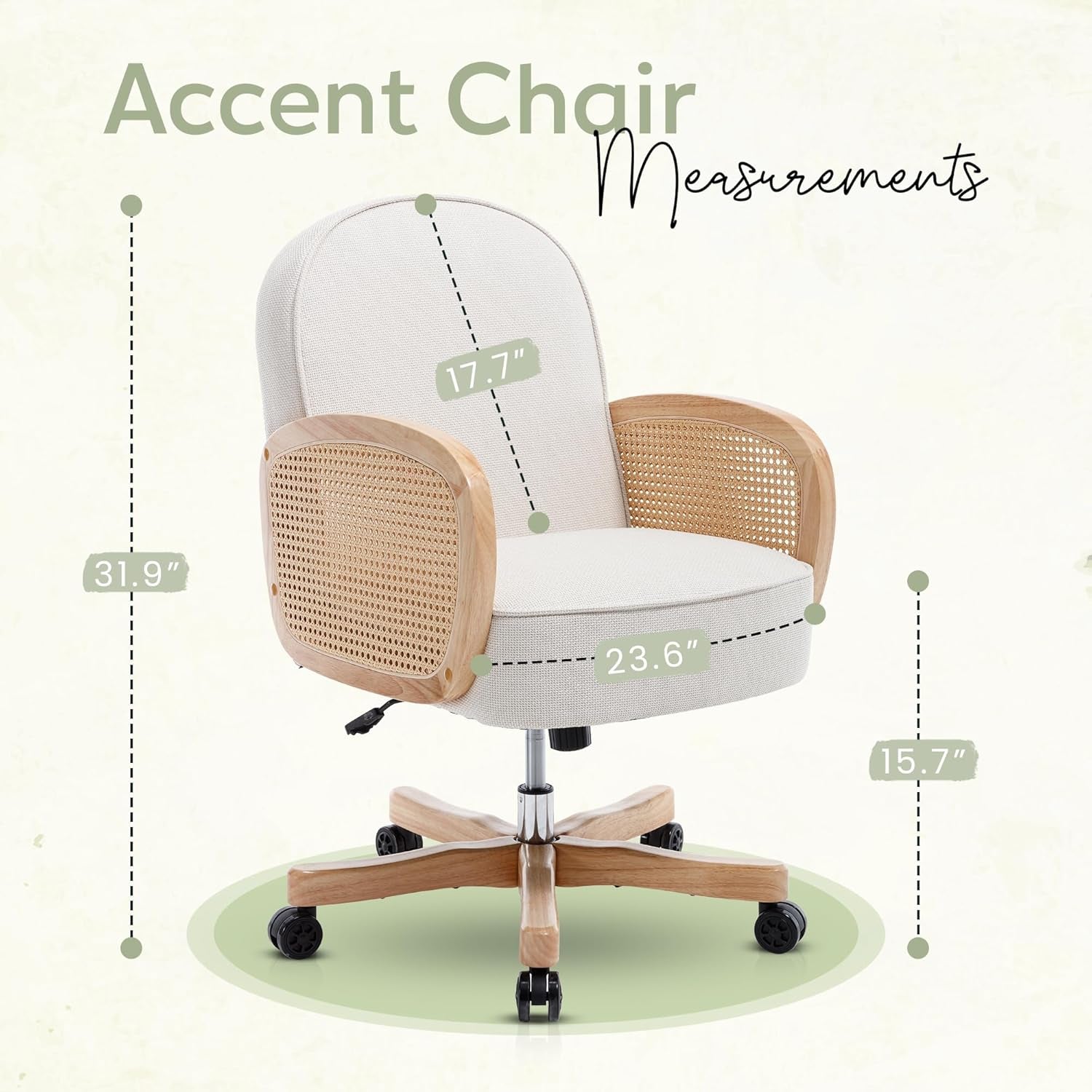Rattan Desk Chair, Upholstered Home Office Chair with Rattan Armrest, Waterproof Cushion, Adjustable Swivel Rolling Height Computer Task Chair for Living Room Bed & Study Room, Ivory