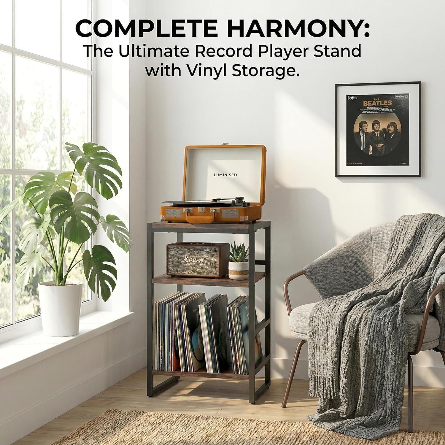 Record Player Stand,3-Tier Record Player Table with U-Shaped Vinyl Storage up to 120 Albums,28" H End Table Turntable Stand with Storage,Record Table Vinyl for Living Room Bedroom