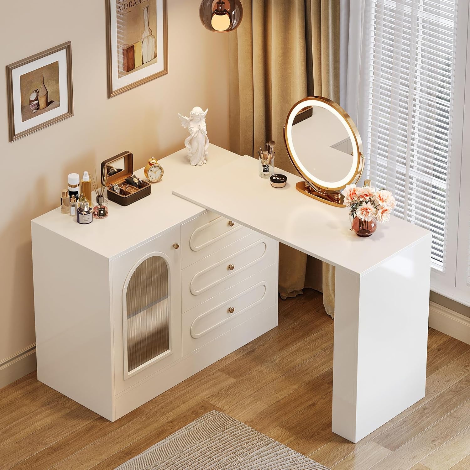 Corner Makeup Vanity Desk with 3 Drawers, 78" Modern L-Shaped Vanity Table with Reversible Cabinet, Extendable Dressing Table Combo with 1 Door for Women & Girls Bedroom (Without Mirror)