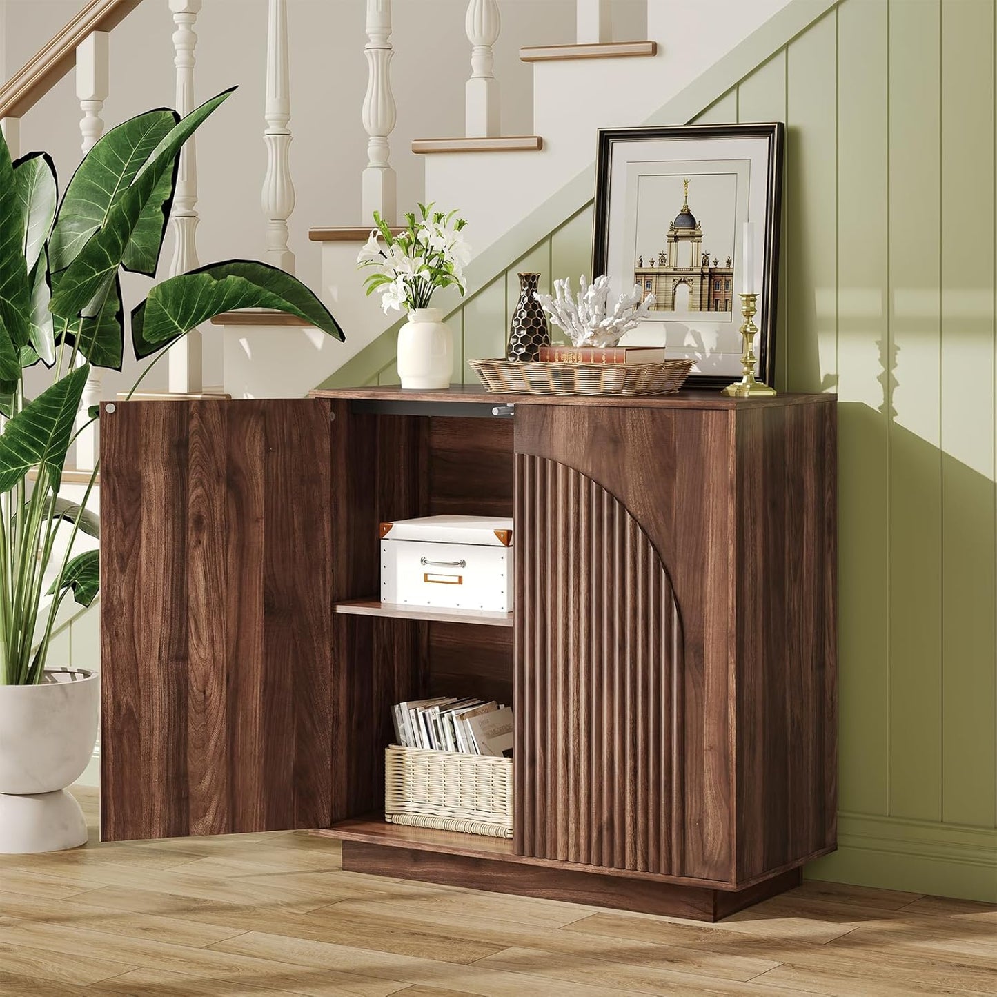 Buffet Cabinet, Sideboard Buffet Cabinet with Storage, Coffee Bar Cabinet, Push-To-Open Doors & Adjustable Internal Shelf, Buffet Table for Kitchen, Dining Room, Walnut MCB01HT