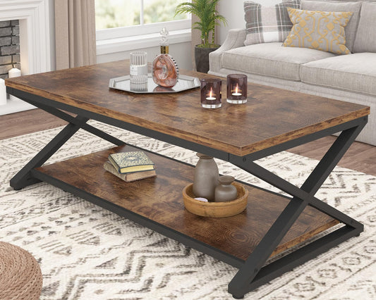 Rustic Coffee Table with Storage Shelf, Industrial Metal Wood Living Room Table, Farmhouse Minimalist Rectangle Center Table, Vintage Simple 2 Tier Cocktail Tea Table, Rustic Brown, 47 Inch
