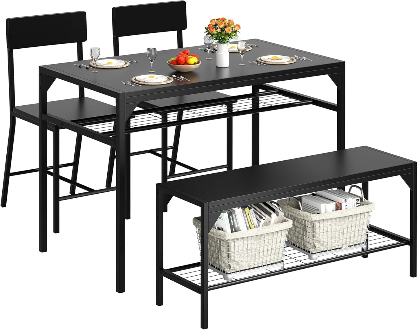 Kitchen Table Chairs Set of 4, Dining Table Set for 4 with Bench and Chairs, 4 Pieces Kitchen Table Set with Storage Rack & Metal Frame for Small Space, Black