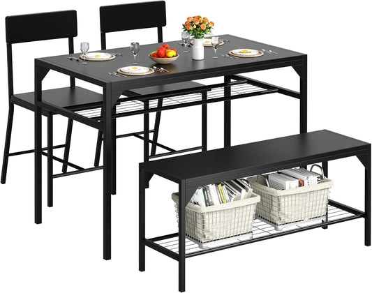 Kitchen Table Chairs Set of 4, Dining Table Set for 4 with Bench and Chairs, 4 Pieces Kitchen Table Set with Storage Rack & Metal Frame for Small Space, Black