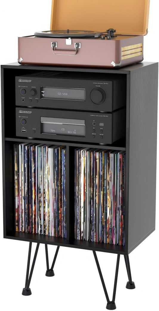 Record Player Stand, Turntable Stand Vinyl Record Storage Cabinet with Metal Legs, End Table Holds up to 120 Albums for Living Room, Bedroom, Office (Black)