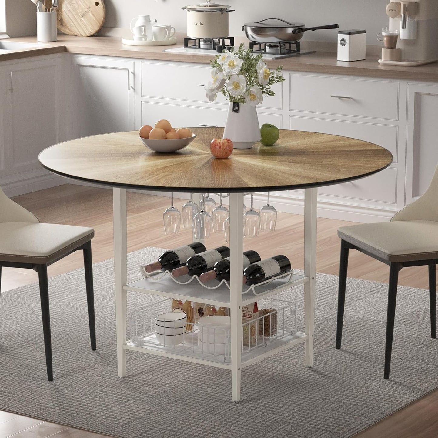 47'' round Dining Table Set for 4-6, Farmhouse Kitchen Table with 4 Chairs & Storage Rack, Rustic Wood Dining Set with Sturdy Metal Base for Dining Room & Living Room
