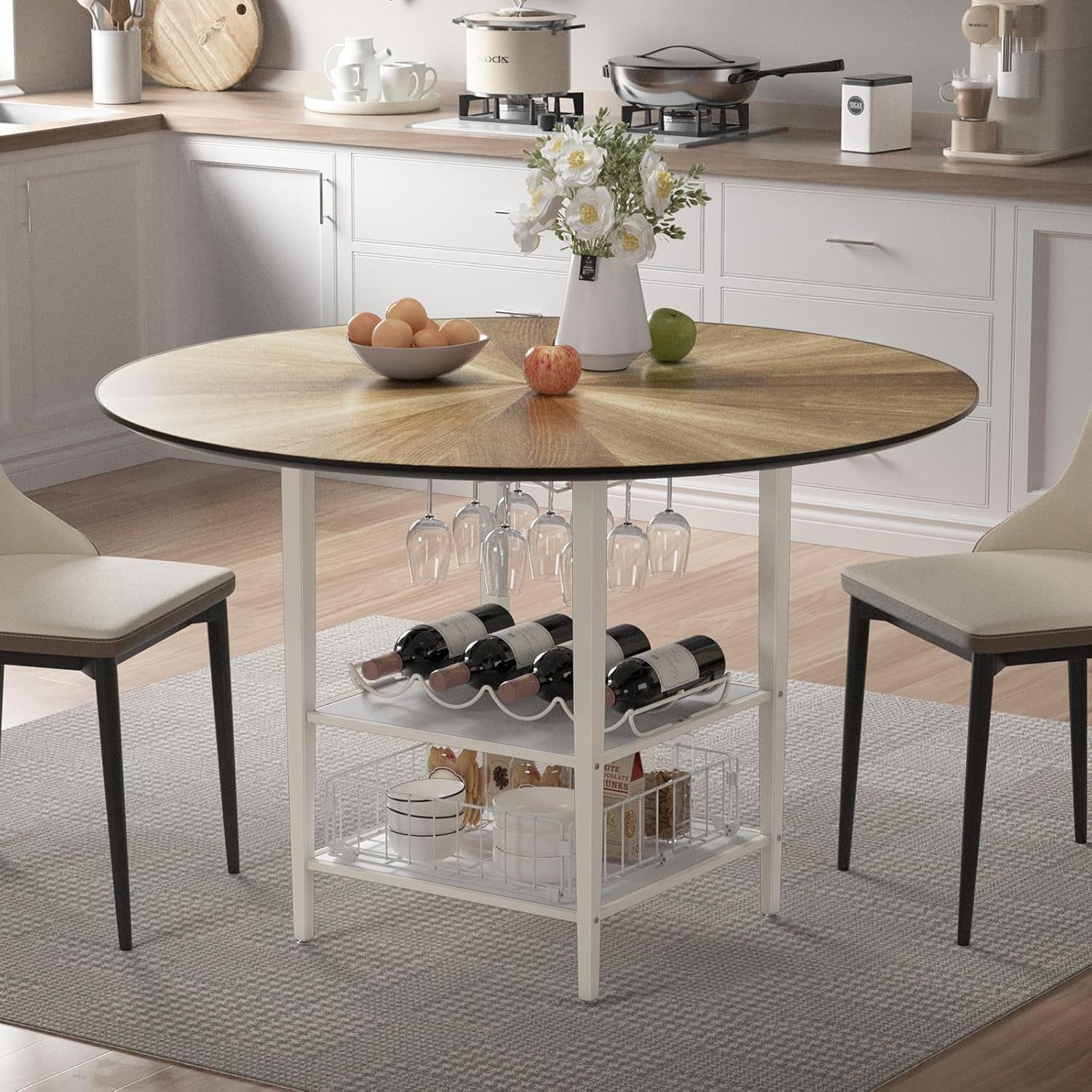 47'' round Dining Table Set for 4-6, Farmhouse Kitchen Table with 4 Chairs & Storage Rack, Rustic Wood Dining Set with Sturdy Metal Base for Dining Room & Living Room
