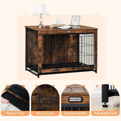 Dog Crate Furniture, 38.6" Large Dog Kennel Indoor, Wooden Cage with Pull-Out Tray, Double Doors Pet House Side End Table for Large/Medium/Small Dogs, Greige BG982GW03