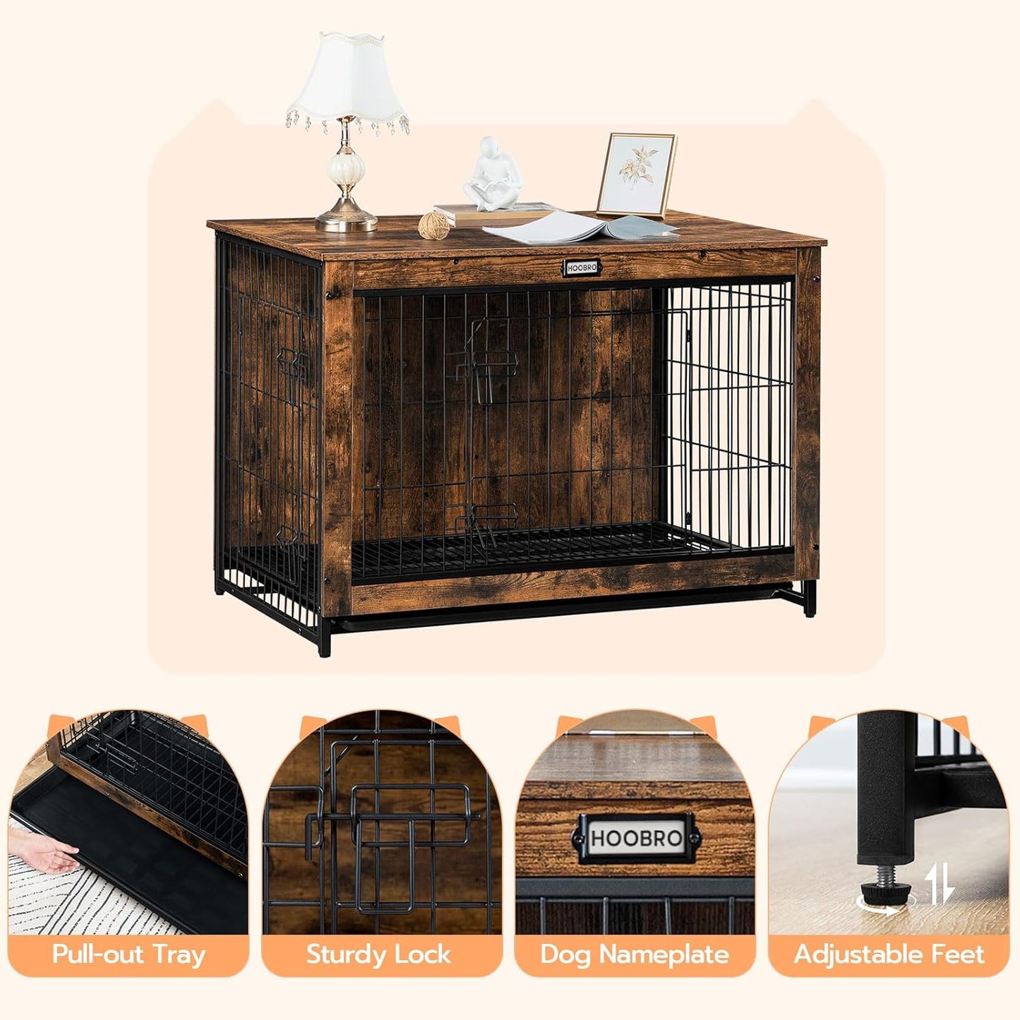 Dog Crate Furniture, 38.6" Large Dog Kennel Indoor, Wooden Cage with Pull-Out Tray, Double Doors Pet House Side End Table for Large/Medium/Small Dogs, White DW982GW03