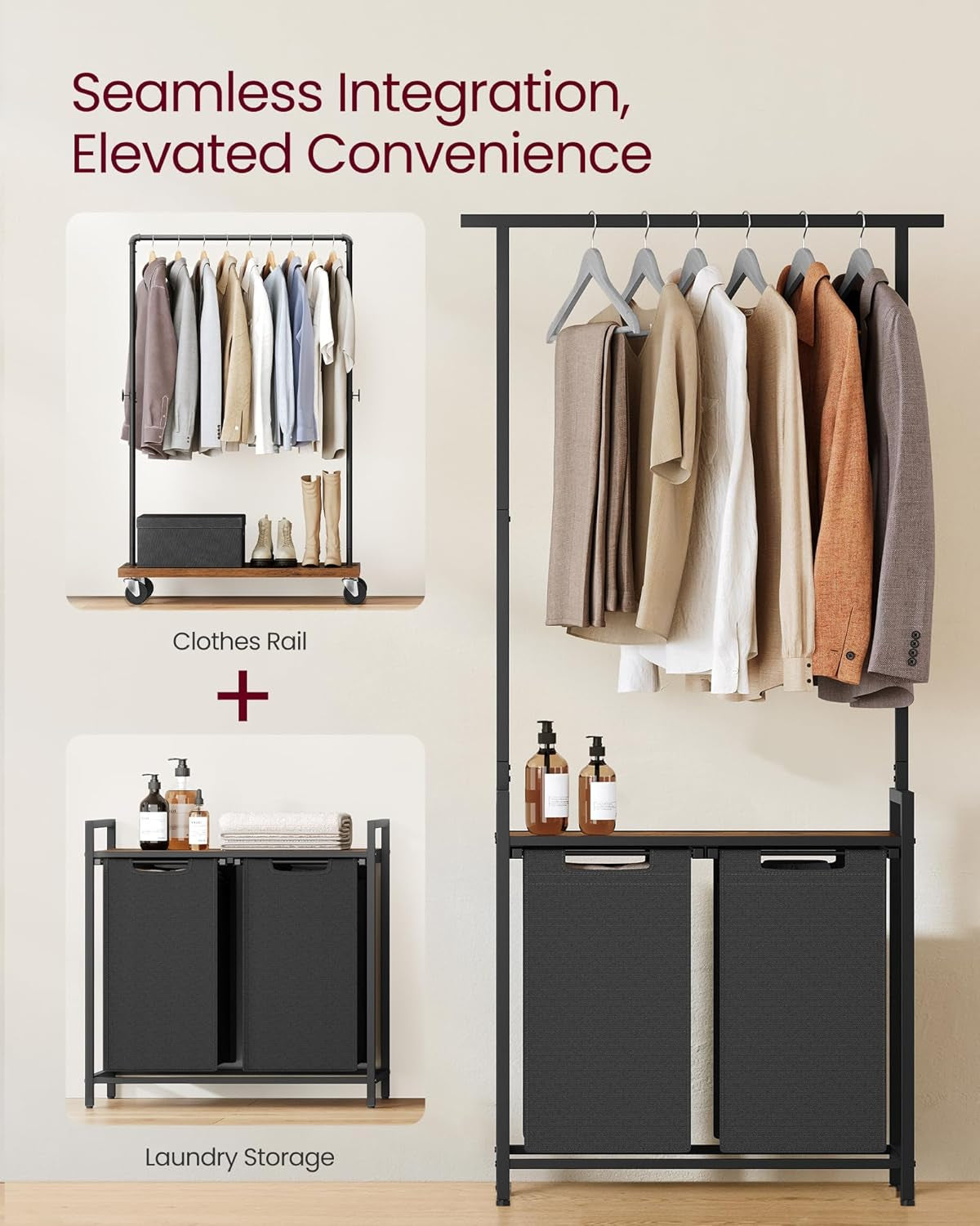 Laundry Sorter, Laundry Hamper 2 Section with Clothes Rack, Pull-Out and Removable Laundry Basket with Shelf, 28.7 X 13 X 69.7 Inches, Rustic Brown and Black UBLH241B01