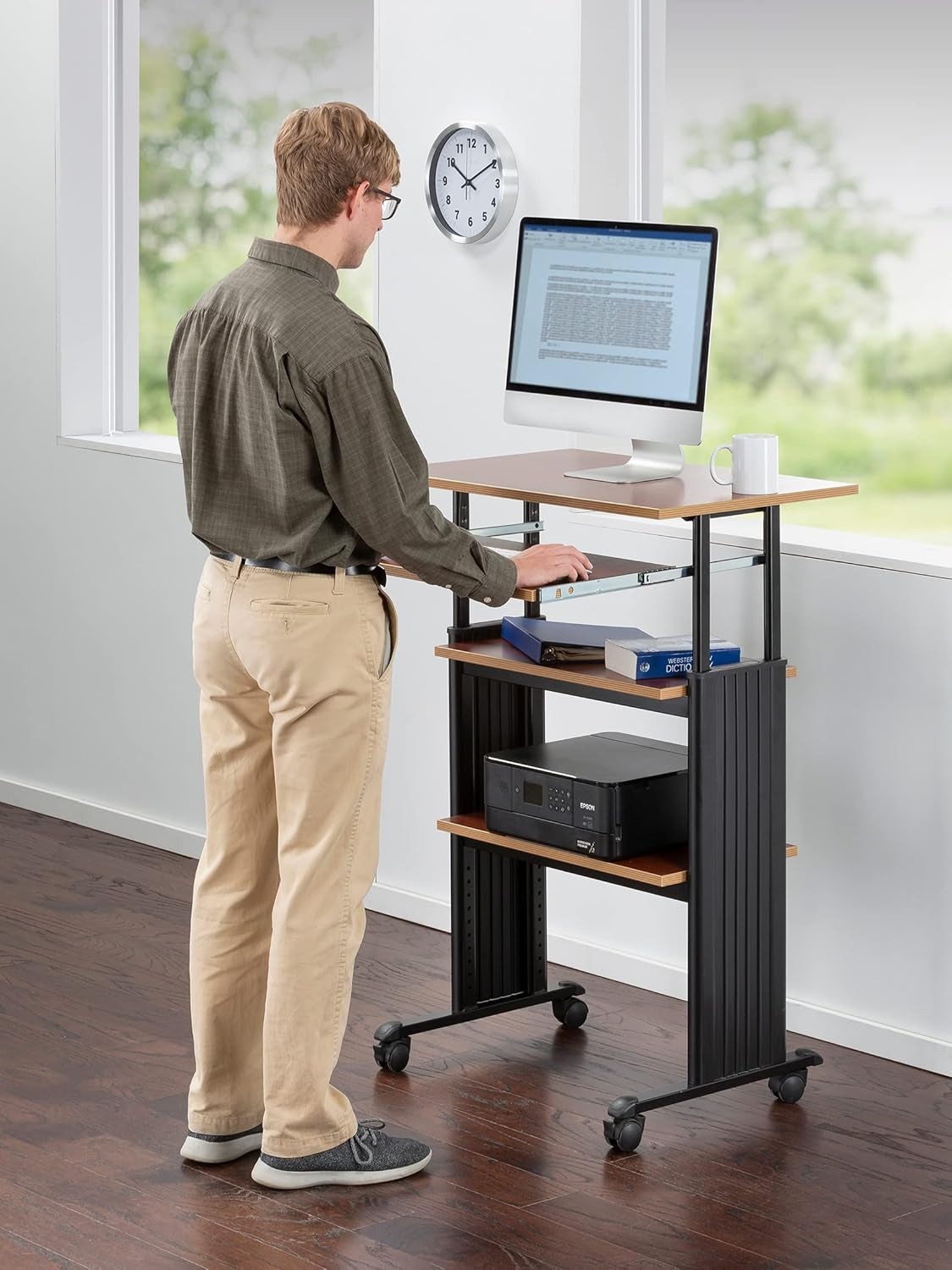 1929CY MUV Mobile Stand-Up Height-Adjustable Desk,Keyboard Storage, Steel Frame Construction, Durable Melamine Laminate Work Surface, 4 Wheels, Narrow Design