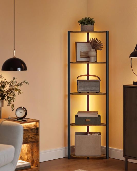 Corner Shelf Stand with LED Lights, 5-Tier Corner Bookshelf, Storage Shelf with Steel Frame, 9.8 X 18.9 X 57.7 Inches, for Living Room, Bedroom, Study, Rustic Brown ULBC590K01