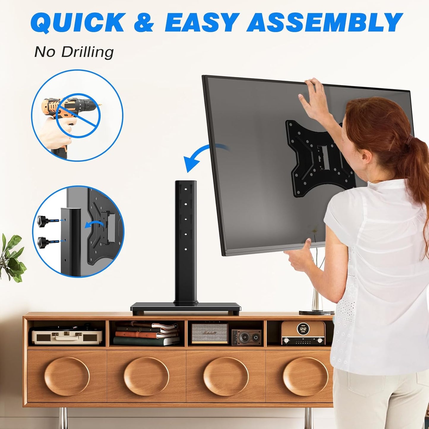 Universal Swivel Tabletop TV Stand for Flat Screens 23 24 26 32 39 40 42 43 Inch, Heavy Duty Center Pedestal Stand Replacement with Black Tempered Glass Base and Height Adjustable Mount