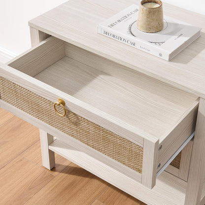 Boho Rattan Nightstand Set of 2, 26.7" Extra Wide Bedside Table with 2 Drawers & Open Shelf, White Oak Large Side Table for King Size Bed, Modern Coastal End Table for Master Bedroom