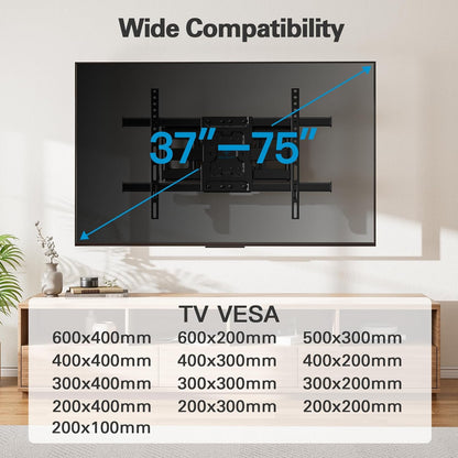 Full Motion TV Wall Mount for 37-75 Inch Tvs up to 132 Lbs, TV Mount with Swivel Articulating Arm, Wall Mount Bracket Fits 12"/16" Wood Studs, Tool-Free Tilt, Max Vesa 600X400Mm