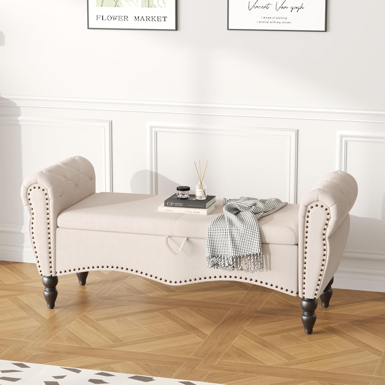 Storage Ottoman Bench for Bedroom, Upholstered End of Bed Bench with Solid Wood Legs Modern Shoe Storage Bench Indoor Bench for Living Room Entryway Bench Furniture,Beige, Linen