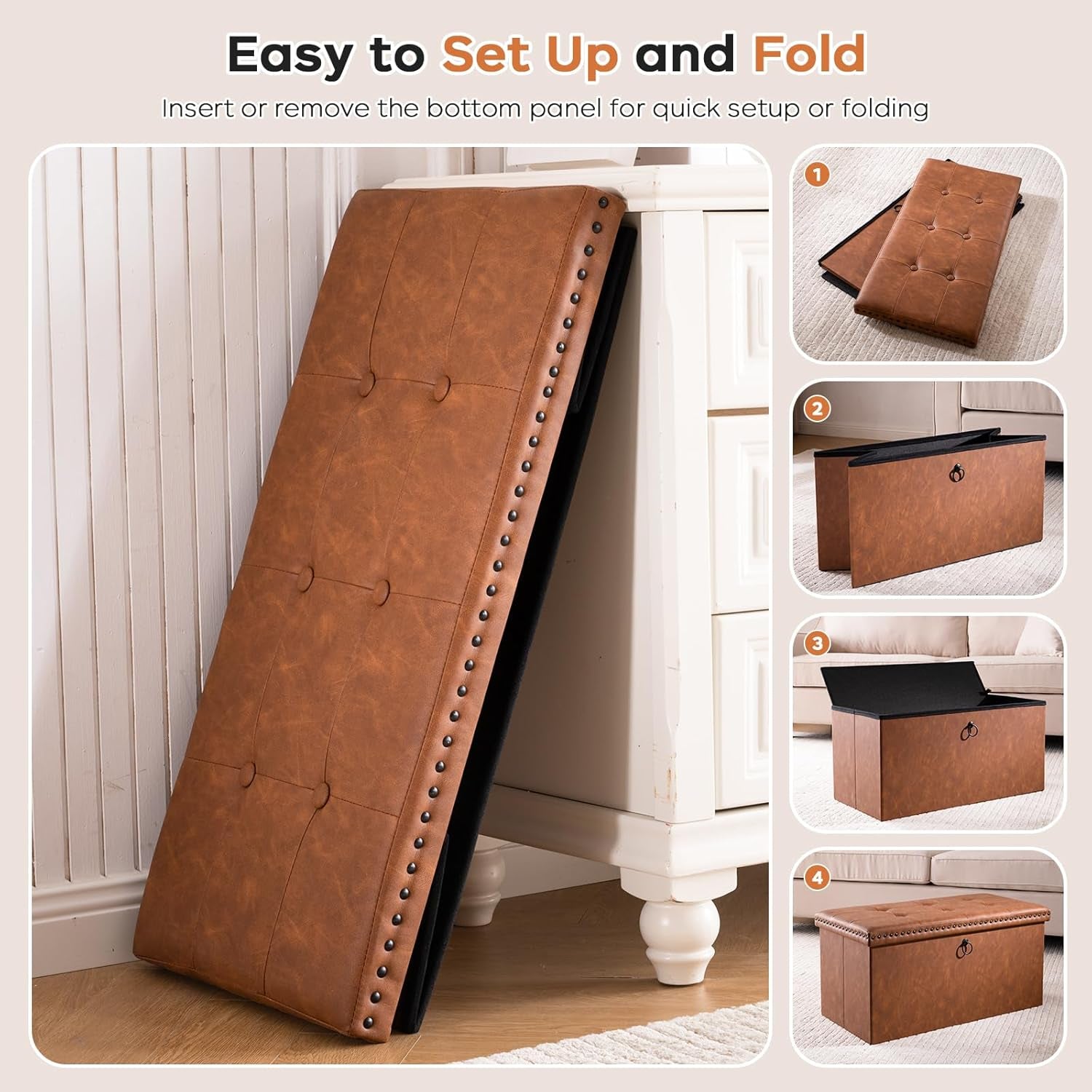 30 Inches Folding Storage Ottoman Bench, Ottoman PU Leather Tuffed End of Bed Bench, Foot Rest with Rivet Design, Ottoman with Storage, Load 330 Lb, for Living Room, Bedroom, Entryway, Brown