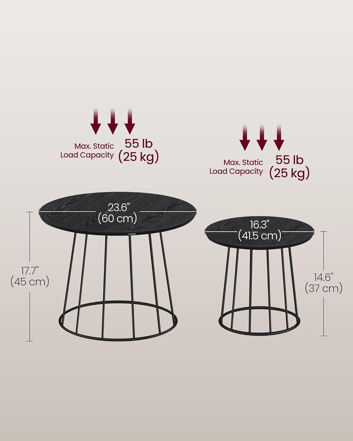 round Coffee Tables, Set of 2, Modern Circle Side Tables with Steel Frame, for Living Room, Bedroom, Ebony Black ULCT045B56