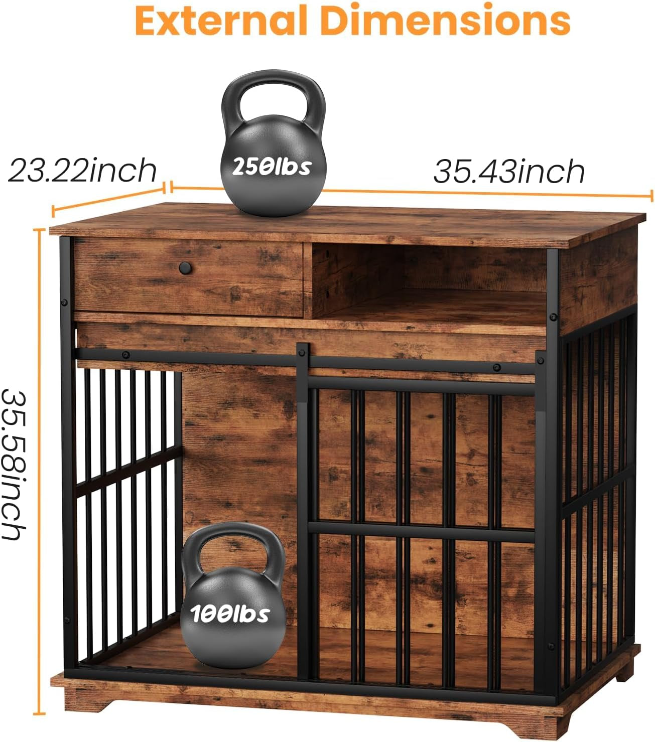 35.4" Dog Crate Furniture, Dog Kennel Indoor with Wheels for Medium Small Dogs, Wooden Dog Crate End Table with Drawer, Open Shelves and Sliding Door, Dog Kennel Furniture for Living Room, Bedroom