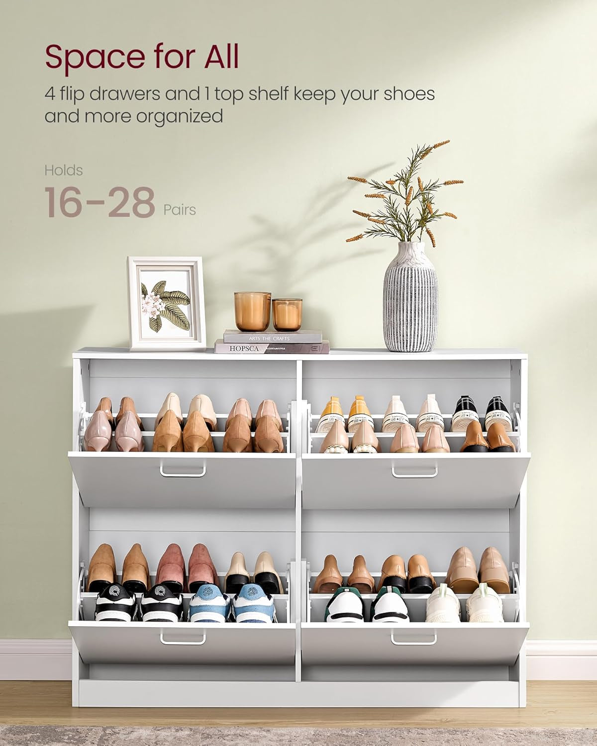 Shoe Cabinet with 4 Flip Doors, Storage Cabinet for 16-28 Pairs of Shoes, Adjustable Dividers, for Entryway, 9.4 X 41.5 X 32.6 Inches, Snow White ULBC035W01