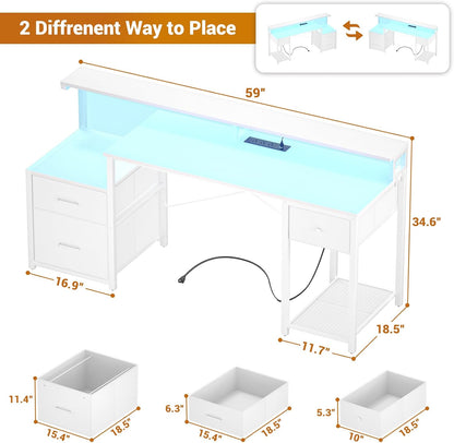 Computer Desk with 3 Drawers, Home Office Desk with File Drawer & Power Outlet, 59'' Gaming Desk with Led Lights, Long Work Desk with Storage Shelves, Printer Cabinet and Monitor Shelf, White