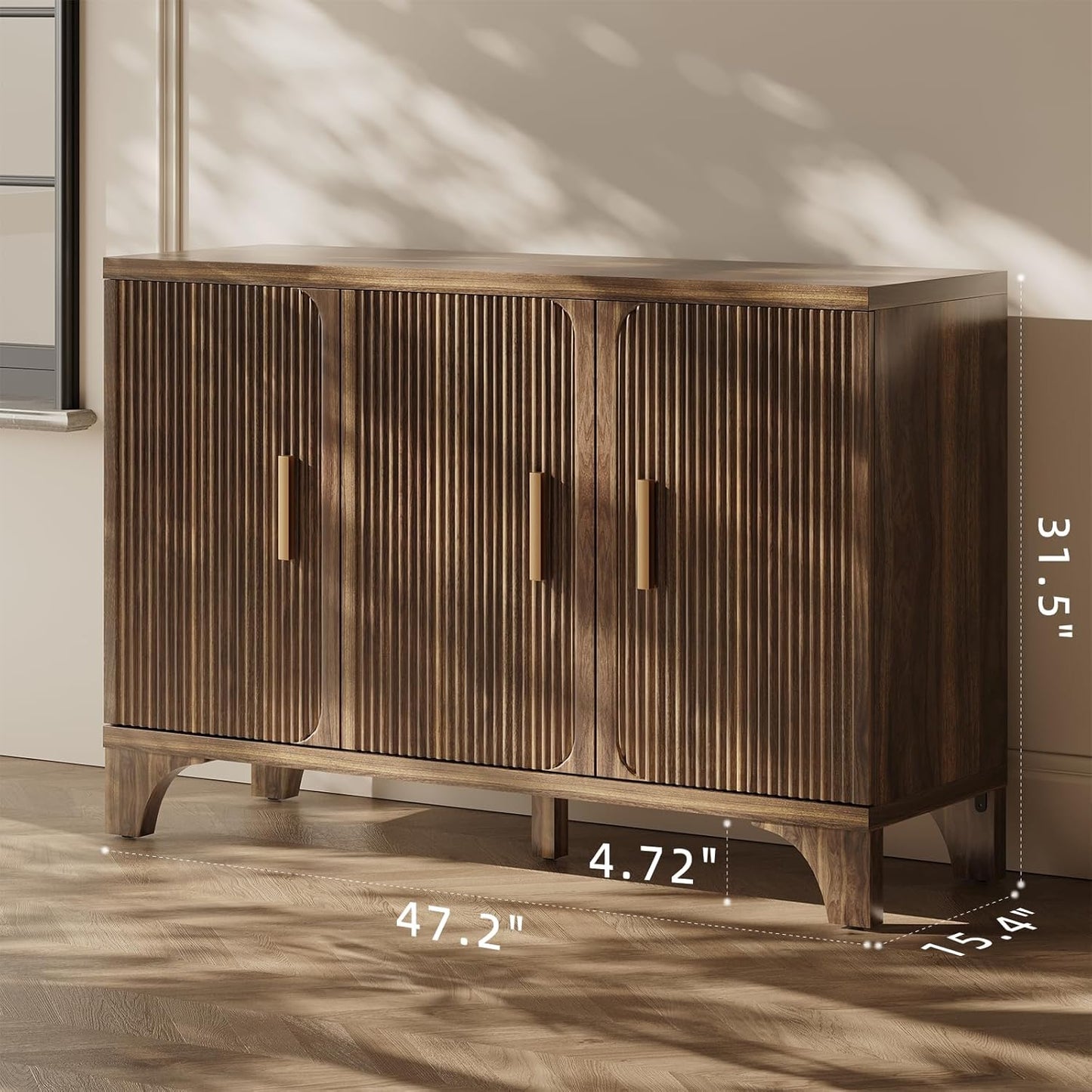 Mid Century Modern Buffet Cabinet with Storage, Accent Sideboard and Credenza with Fluted Doors, Wood Coffee Bar Console for Kitchen, Living Room (Walnut Brown, 47" 3-Door)