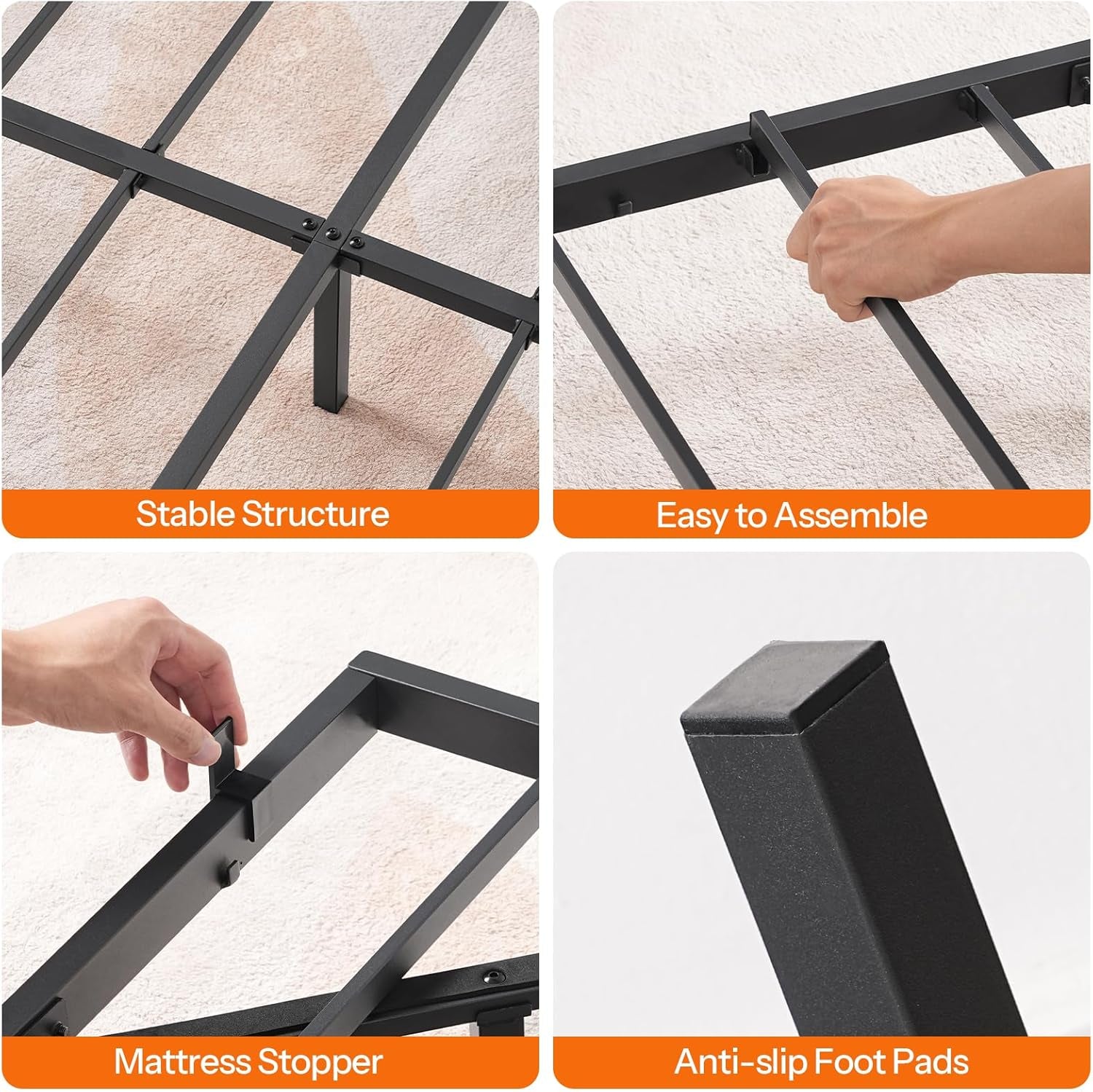 Floating Bed Frame Full Size, Bed Frame with Charging Station and LED Lights, Industrial Style Metal Platform Full Bed, Soundless, No Box Springs Needed, Black