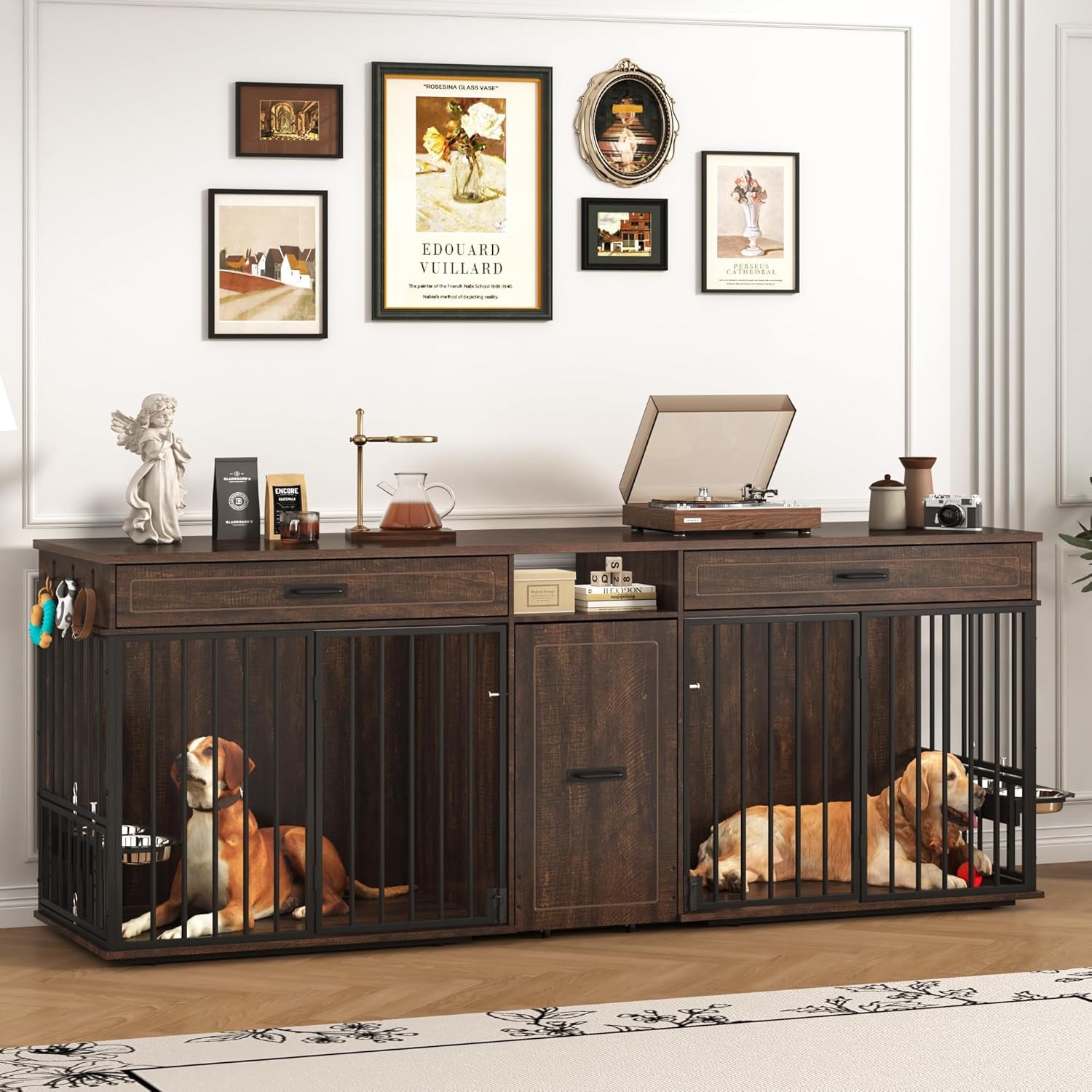 86.6" Dog Crate Furniture Large Breed TV Stand with Double Rooms, Wooden Dog Kennel Furniture with Dog Bowl, 2 Drawers and Cabinet for Large Medium Dogs, Brown
