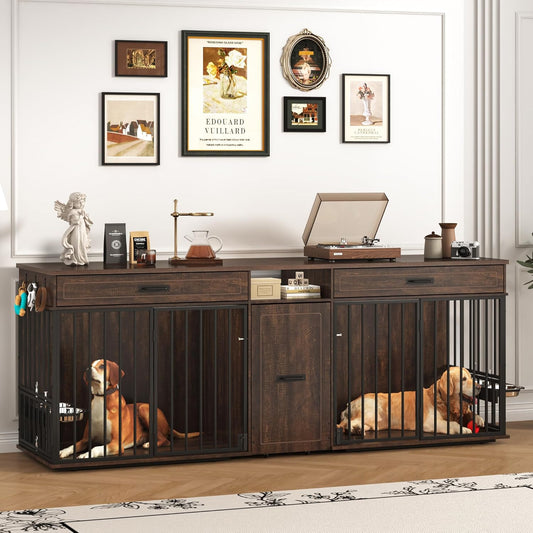 86.6" Dog Crate Furniture Large Breed TV Stand with Double Rooms, Wooden Dog Kennel Furniture with Dog Bowl, 2 Drawers and Cabinet for Large Medium Dogs, Brown