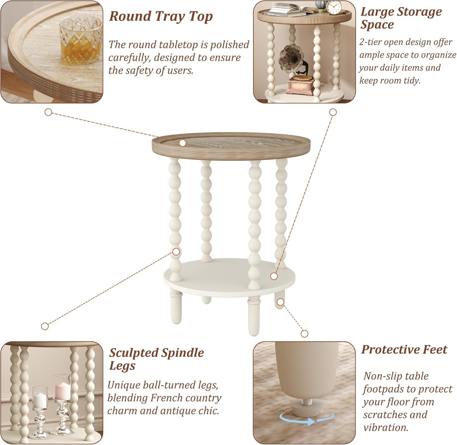 round End Table, Rustic Farmhouse Side Table with Storage Shelf, 2-Tier French Country Nightstand for Living Room Bedroom Small Space, Natural Tray Top and Vintage White Spindle Legs