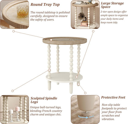 round End Table, Rustic Farmhouse Side Table with Storage Shelf, 2-Tier French Country Nightstand for Living Room Bedroom Small Space, Natural Tray Top and Vintage White Spindle Legs
