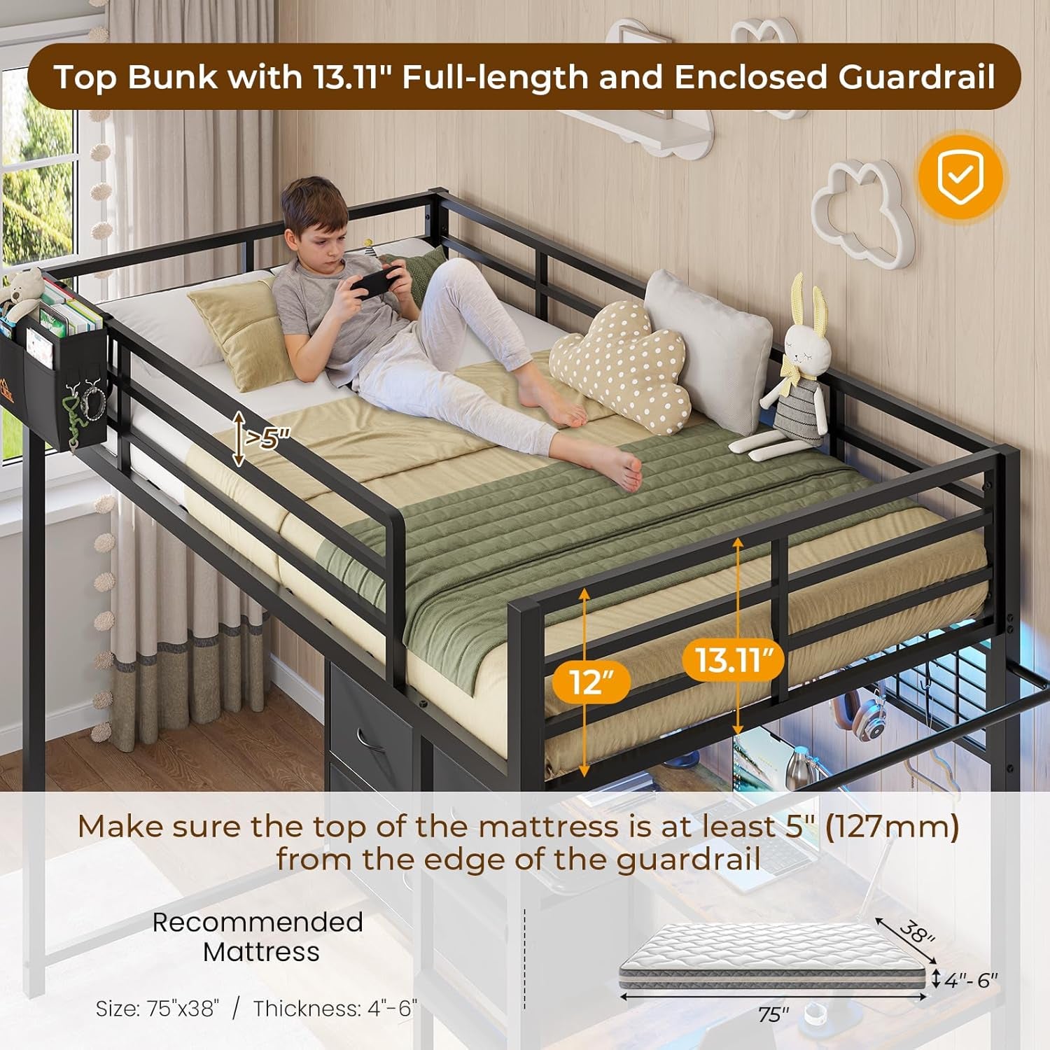 Twin Loft Bed with L-Shaped Desk and 7 Storage Drawers,Metal Twin Size Loft Bed for Kids with LED Lights and Charging Station,13.11" H Safety Guardrail and Ladder,No Box Spring Needed, Black