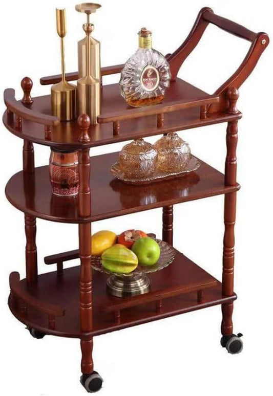 Entertainment Kitchen Cart, Midcentury Modern Imported Rubberwood Brown Finished Wood 3-Tier Mobile Bar Cart Serving Cart
