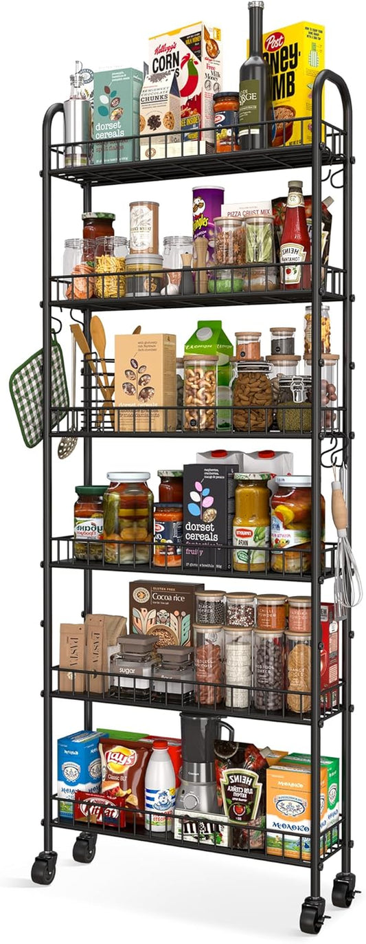 Slim Rolling Storage Cart with Wheels, Metal 6 Tier Mobile Shelving Unit Organizer Kitchen Utility Cart for Office Bathroom Kitchen Laundry Room Narrow Places (6Inches)