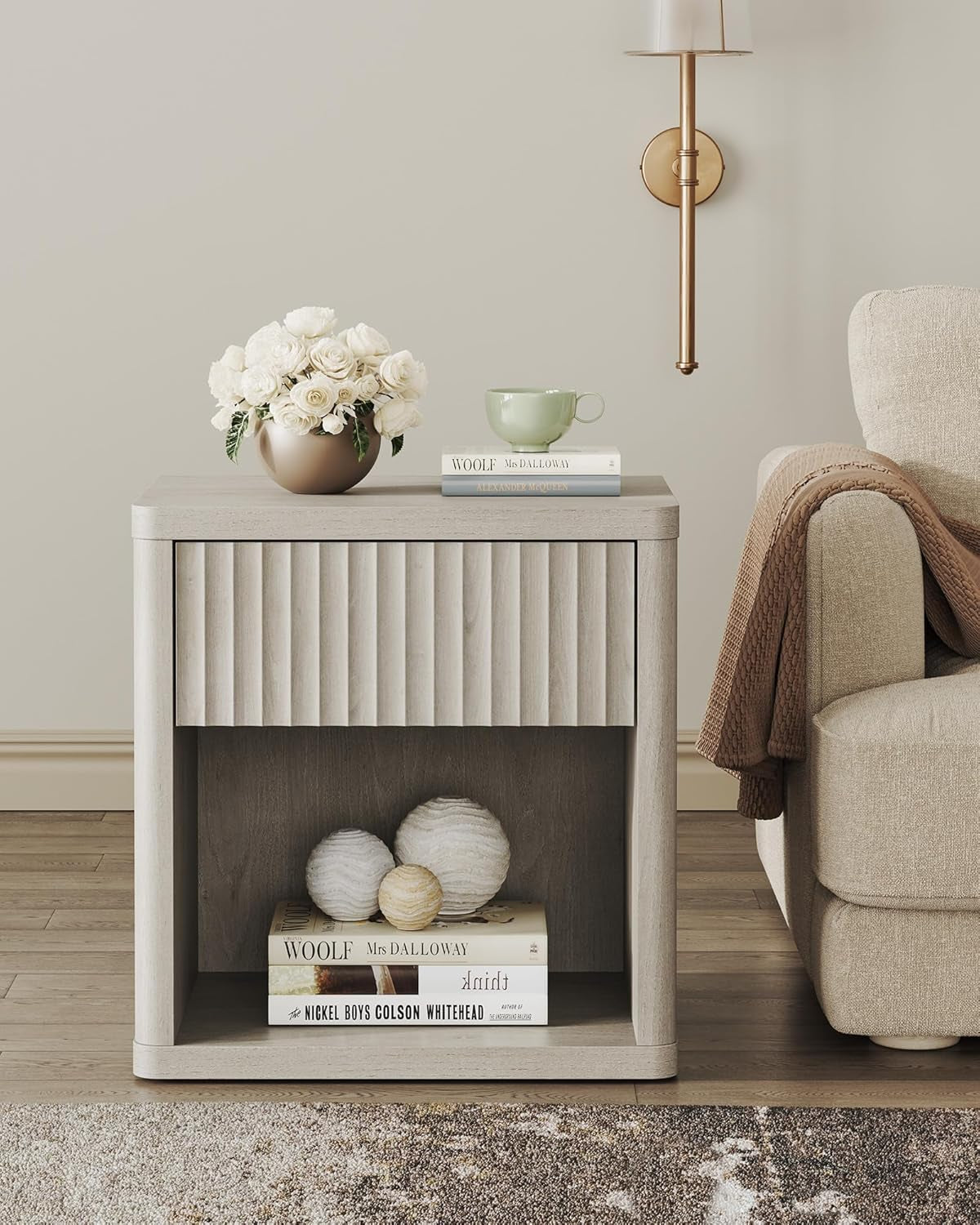 Night Stand Set of 2 Nightstands with Drawer Storage Fluted Bed Side Table End Table Large Modern Wide Bedside Stand Mid Century Night Stands for Bedroom Living Room Sofa Office, White Alder