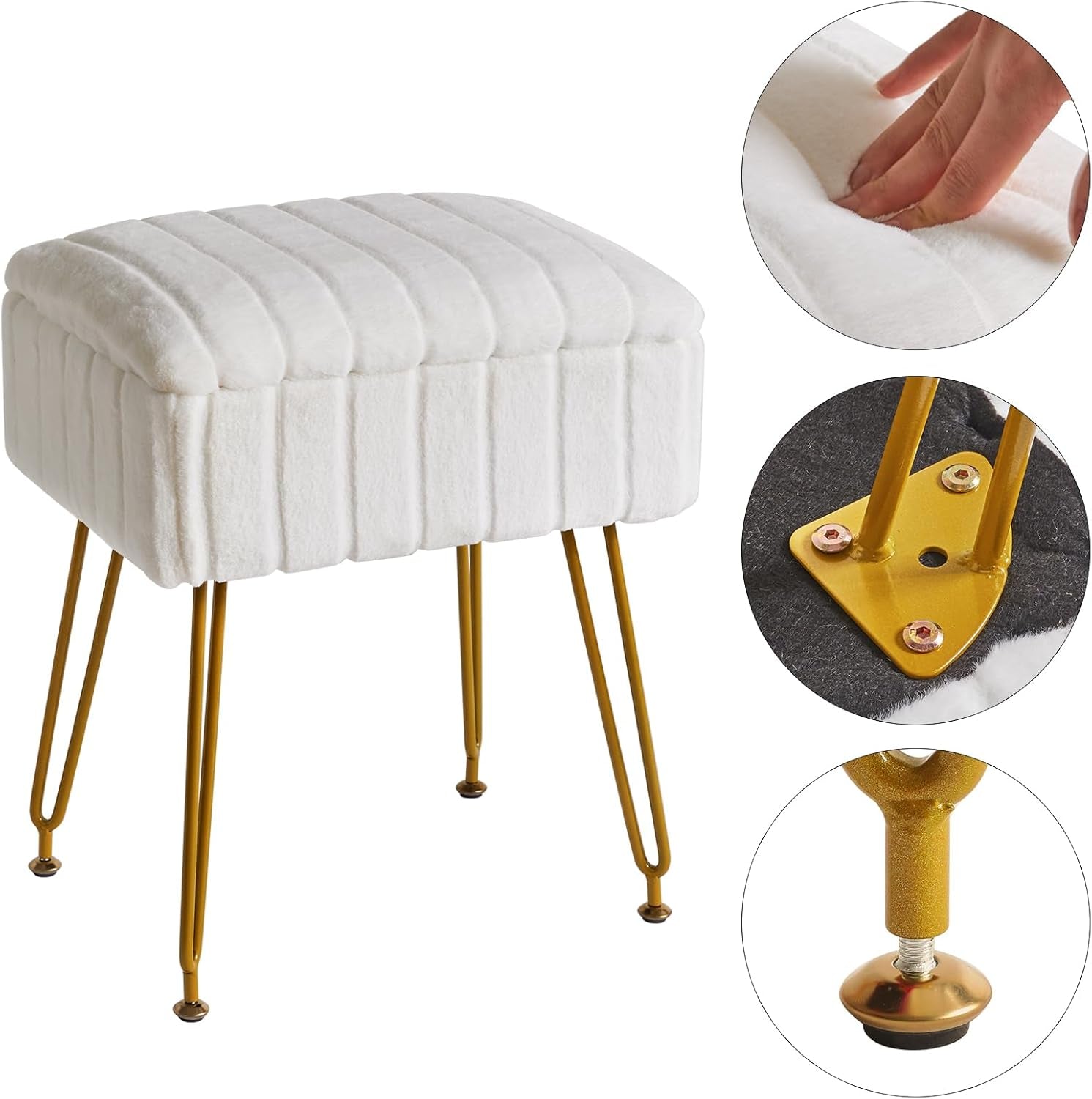 Stool Chair with Storage Space, Footrest Footstool Ottoman, Small Side Table, with 4 Metal Legs, with Anti-Slip Feet, for Makeup Room, Bedroom, White, Faux Fur LG-50W
