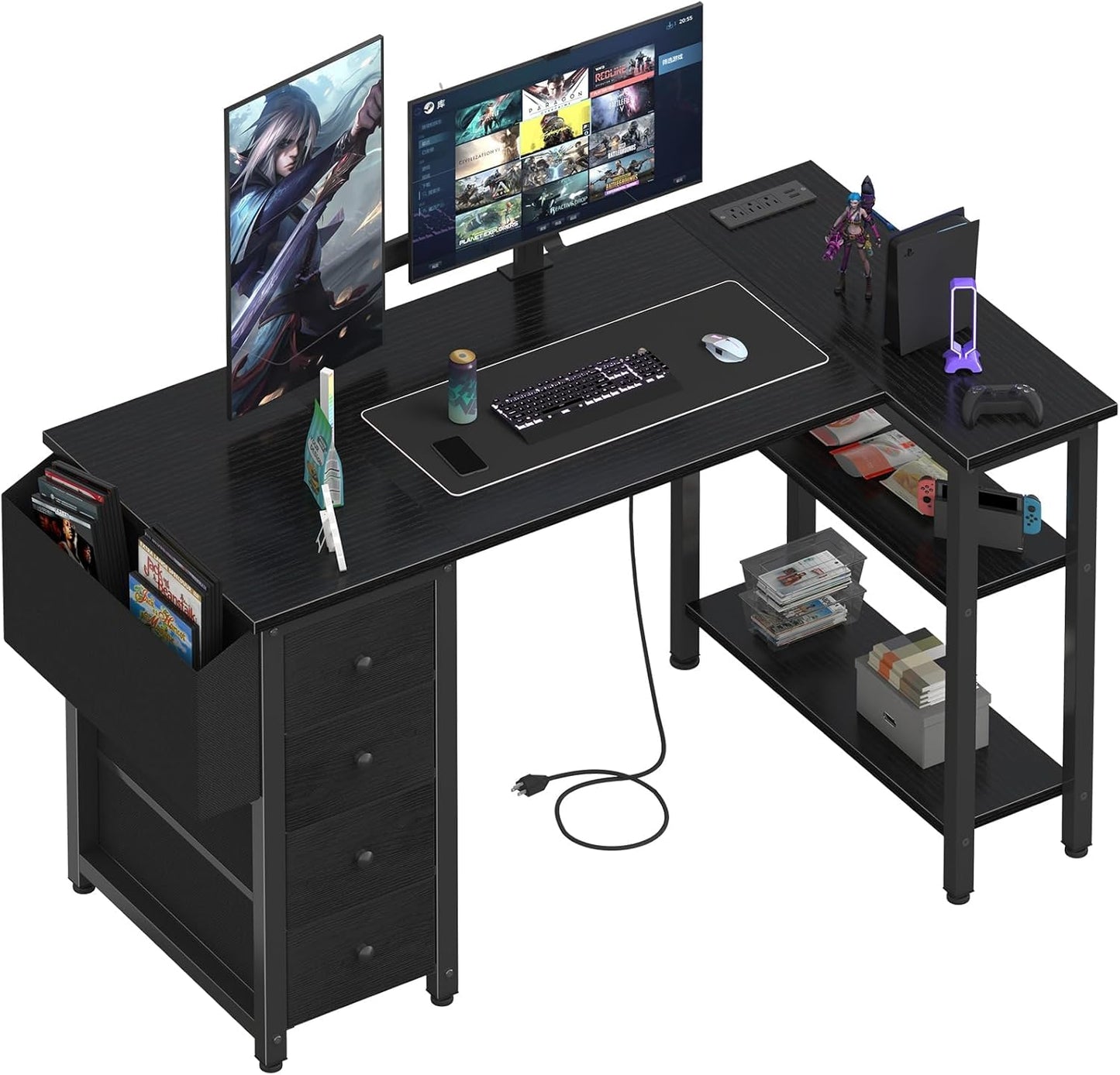L Shaped Gaming Desk with Power Outlet, 47 Inch Reversible Corner Computer Desk with Drawers & Storage Shelves for Home Office Bedroom, L-Shaped Teen PC Desks with Fabric Drawer, Black