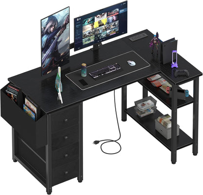 L Shaped Gaming Desk with Power Outlet, 47 Inch Reversible Corner Computer Desk with Drawers & Storage Shelves for Home Office Bedroom, L-Shaped Teen PC Desks with Fabric Drawer, Black