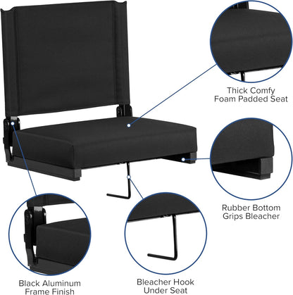 Grandstand Portable Stadium Seat for Bleachers or Benches, Folding Padded Stadium Chair with Carrying Handle, 500 Lb. Weight Capacity, Black