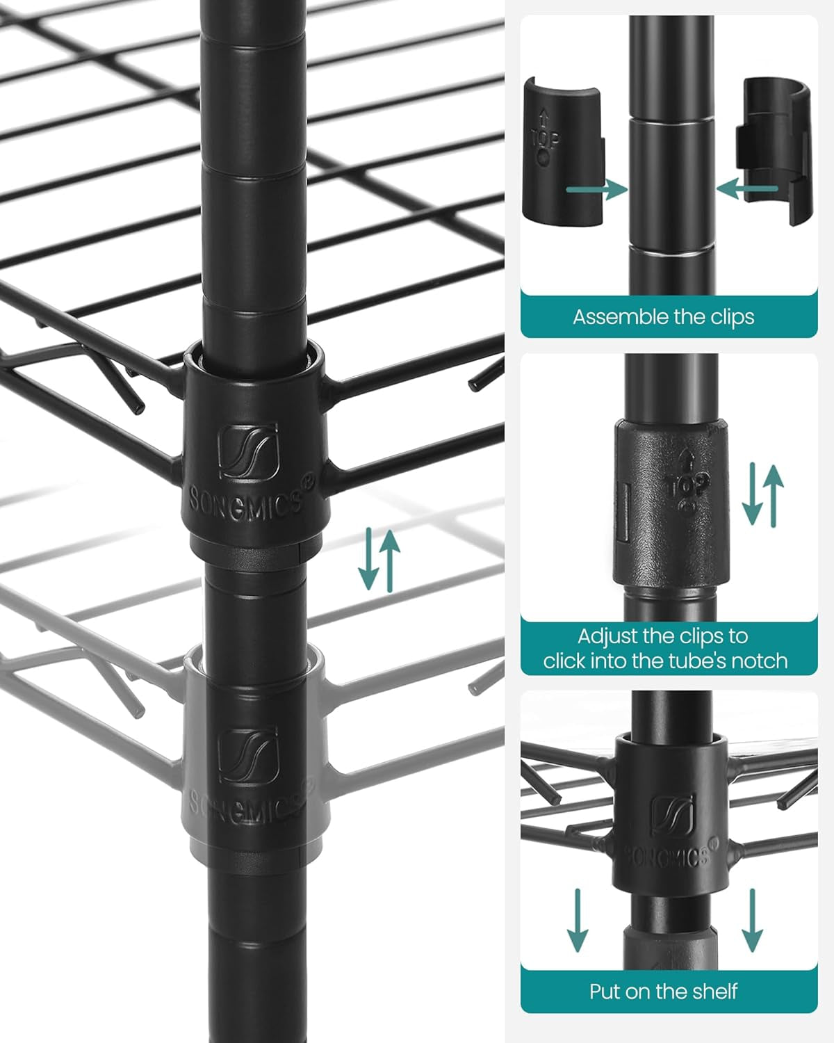 5-Tier Bathroom Shelf, Storage Rack for Small Space, with 5 PP Shelf Liners, Removable Hook, Extendable Design, Ink Black and Translucent ULGR23BK